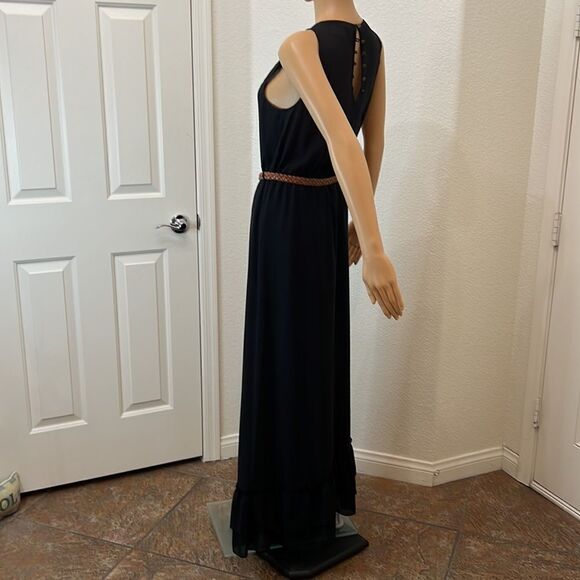 Love 21 Size Small Dress Black Embroidery Lined Brown Belt Maxi Ruffled Bottom - Picture 8 of 15